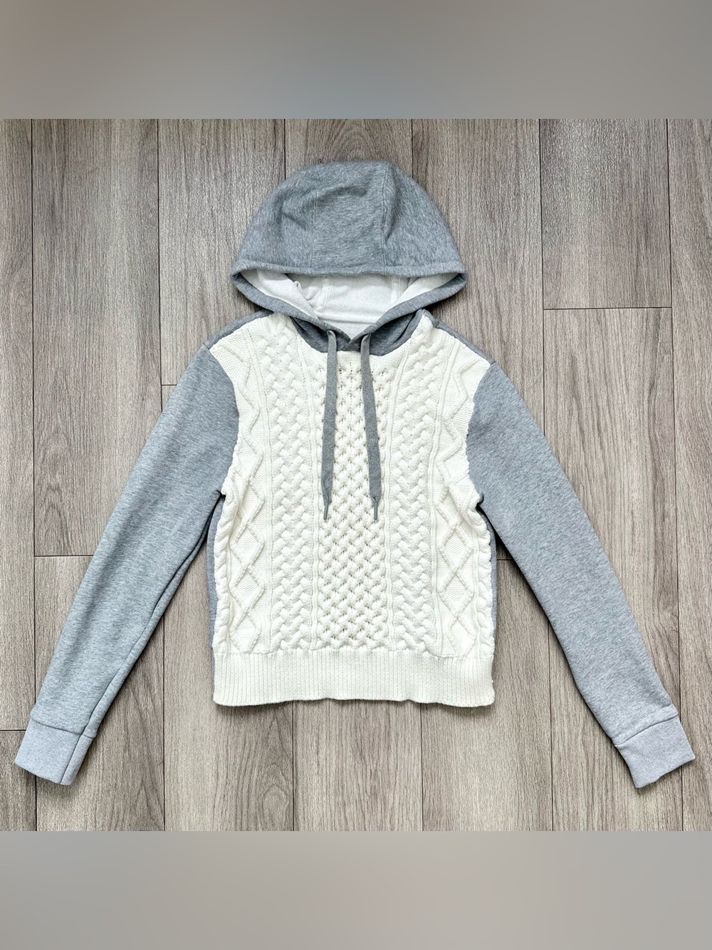 KULE Cable Knit Colorblock Hoodie Gray White Cream Sample Pullover Sweatshirt